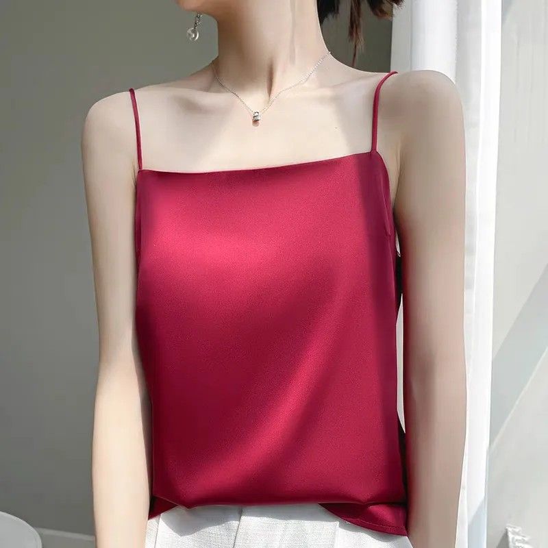 Silk Camisole Women's Inner Wear Summer Boat Neck Base with Suit Mulberry Silk Satin Acetate White Black
