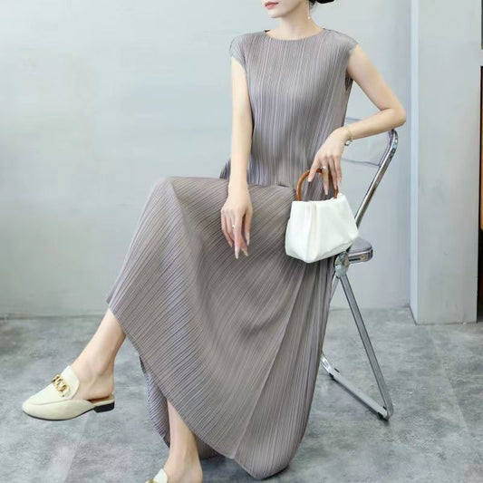 Sanzhai Váy Xếp Li 2022 mùa hè mới mỏng cổ tích không tay váy xòe lớn cỡ lớn giảm tuổi Váy Xếp Li Màu trơn