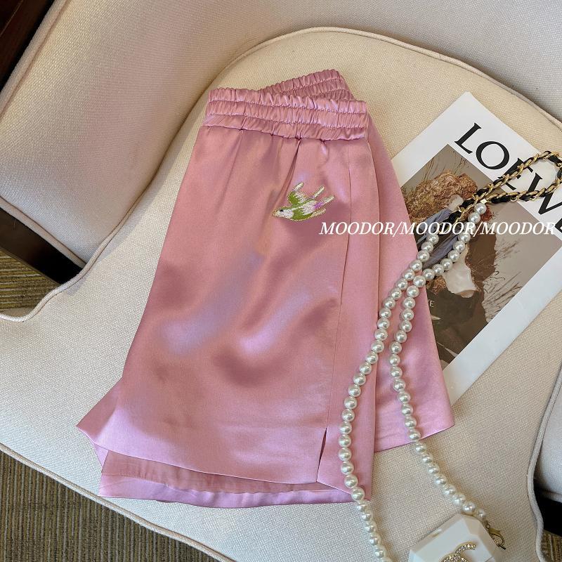 Women's Large Size 150.00kg Chinese Style Traditional Acetate Casual Shorts Summer High-Grade Slimming Satin Embroidered Wide-Leg Pants