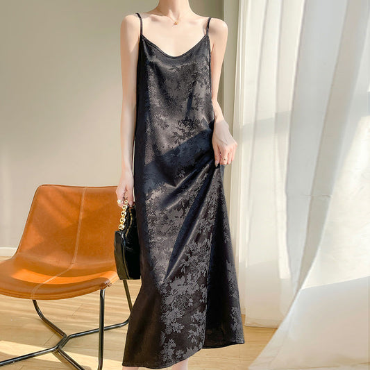 Satin jacquard strap dress summer slimming acetate simulation new over-the-knee dress drape bottoming National style