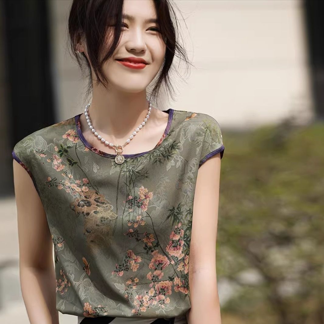 Summer Silk Short-Sleeved Women's T-shirt Low round Neck Fashion Printed Mulberry Silk Sling Vest Inner Match Satin Top