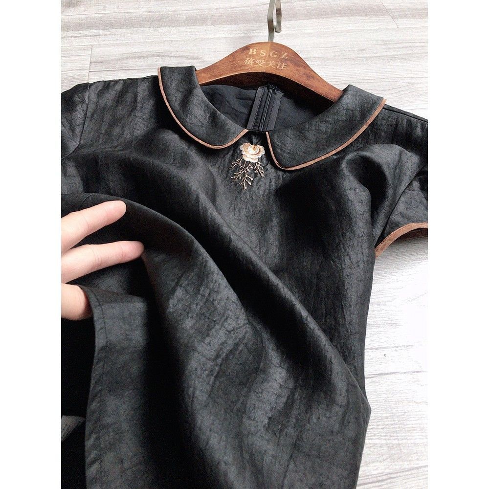 New Chinese Style Turtle Crack Silk Xiangyun Yarn Shirt 2022 Summer Doll Collar Age-Reducing Mulberry Silk Short-Sleeved Shirt for Women
