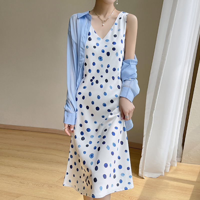 Acetate Silk Blooming Suspender Dress Women's Ink Painting High-Grade Light Luxury Minimalist Holiday Annual Party Dress Suit Inner Wear