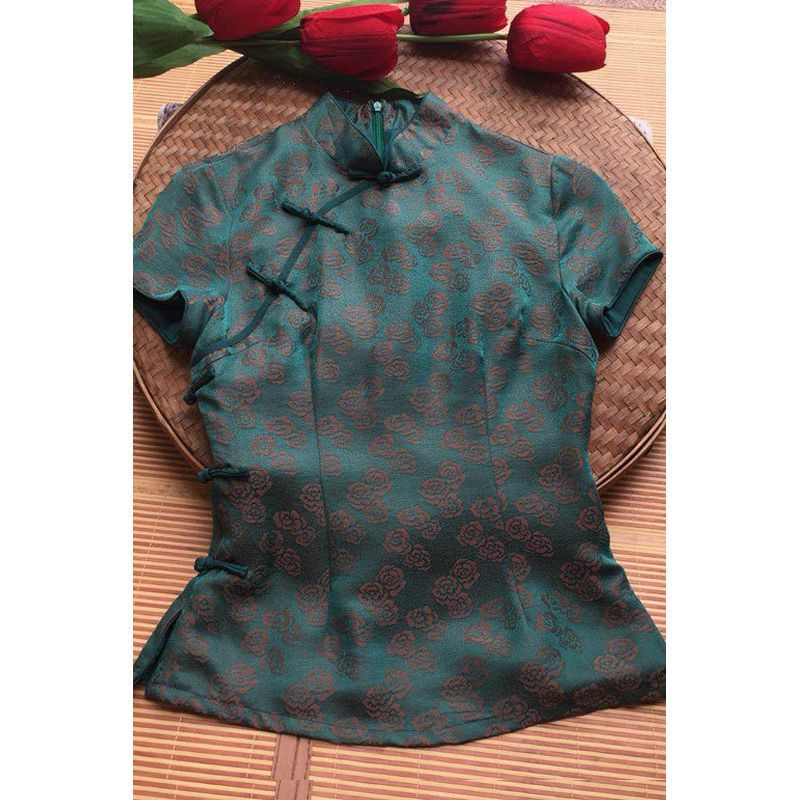 Artificial Silk Chinese Short Sleeve Improve Tang Suit Women's Short Republic of China Style Retro Women's Buckle Cheongsam Top Chinese Style