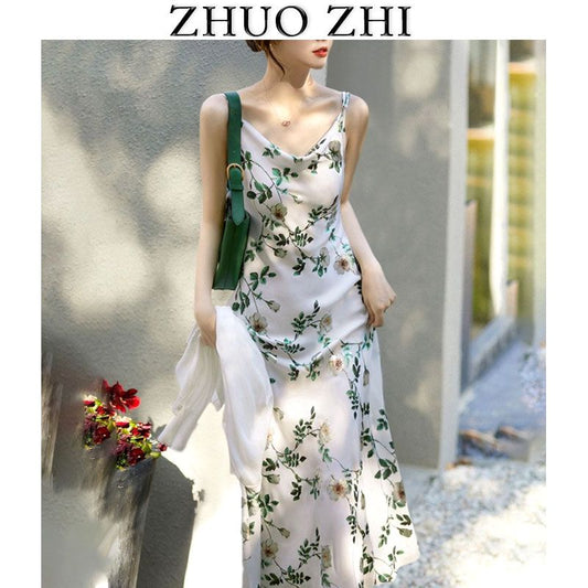 zhuo ZHI" Pháp xã hội hoa hồng Jacquard treo váy của phụ nữ ăn mặc 2023 mới bên bờ biển kỳ nghỉ bãi biển Đầm
