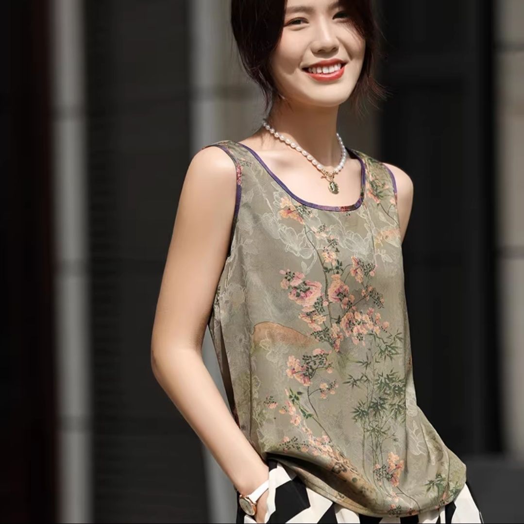 Summer Silk Short-Sleeved Women's T-shirt Low round Neck Fashion Printed Mulberry Silk Sling Vest Inner Match Satin Top