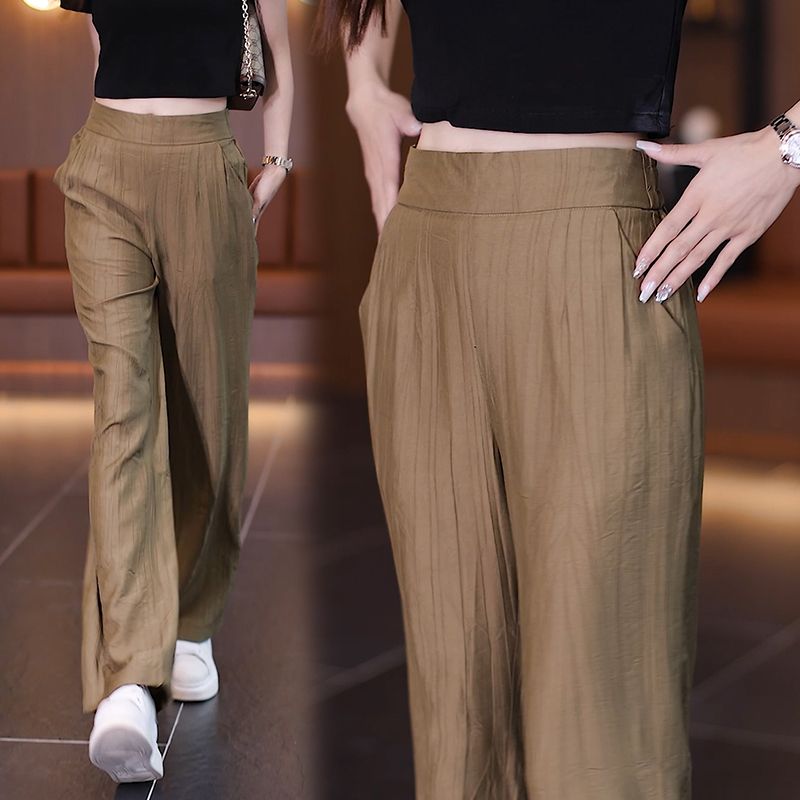 Ice Silk Narrow Wide-Leg Pants Summer Thin High-End Affordable Luxury Straight-Leg Pants High Waist Drooping Cropped Women's Pants Casual Trousers