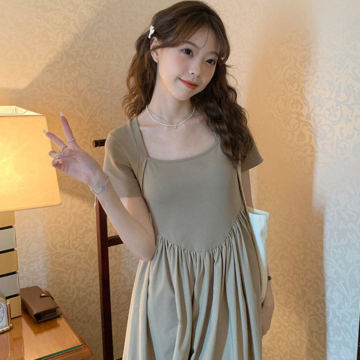 Đơn Giản Vuông Cổ Áo Cao Eo Thanh Lịch Ăn Mặc 2023 Mùa Xuân Và Mùa Hè Mới Hàn Quốc Chic Tea Dress Cho Phụ Nữ