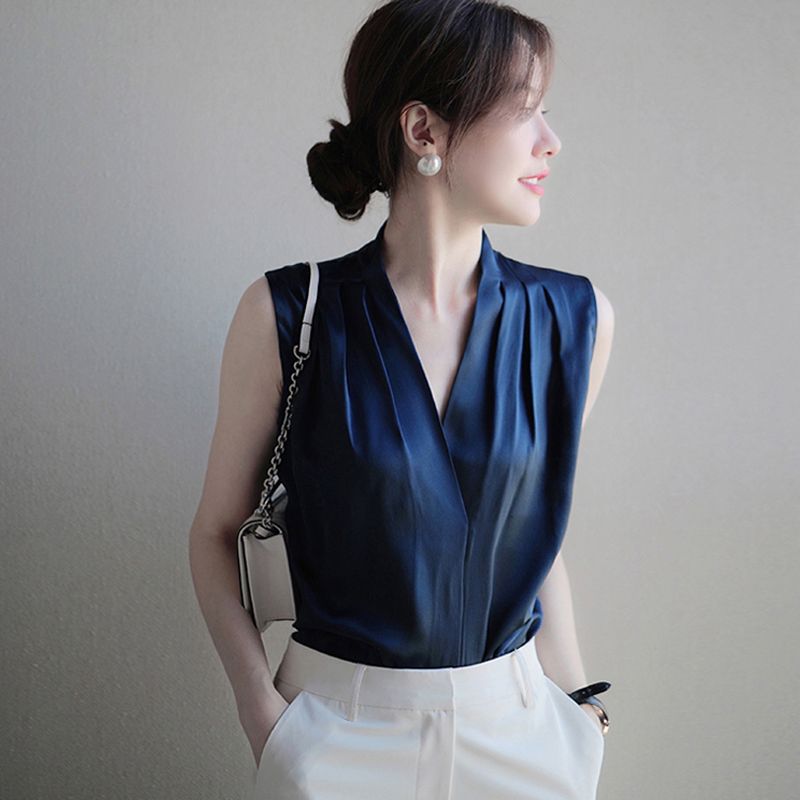 Sense of Value! Heavy Lamination Sleeveless Silk Shirt Design Sense Niche Hong Kong Style Satin Mulberry Silk V-neck Top