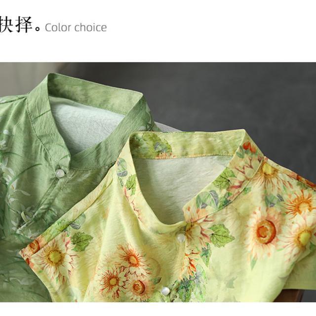 Cửa hàng cao cấp tinh khiết ramie in cải tiến sườn xám Đầm Cộng Hòa của Trung Quốc phong cách khóa không tay nửa cao cổ Đầm