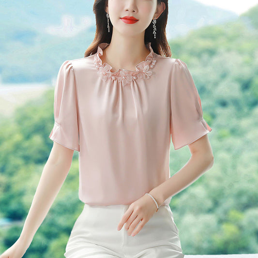 2024New Summer Top for Women Loose Shirt Belly Covering Advanced All-Match and Sweet Short Sleeve Western Style High-End Satin