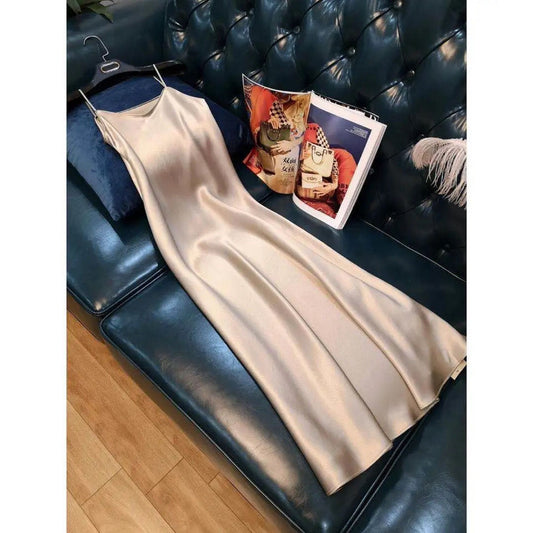 [Hangzhou Authentic] Light Luxury 2022 Popular Women's New Imitation Acetate Dress Long Silk Satin Suspender Dress