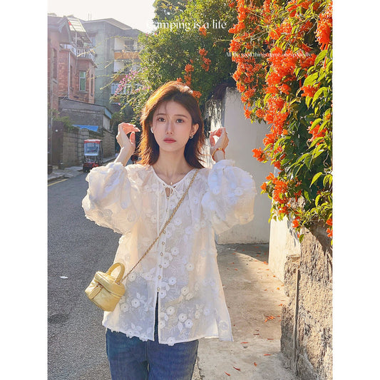 Design Puff Sleeve White Shirt Gentle Sweet French Minority Chic Top Young-Looking Small Shirt Spring