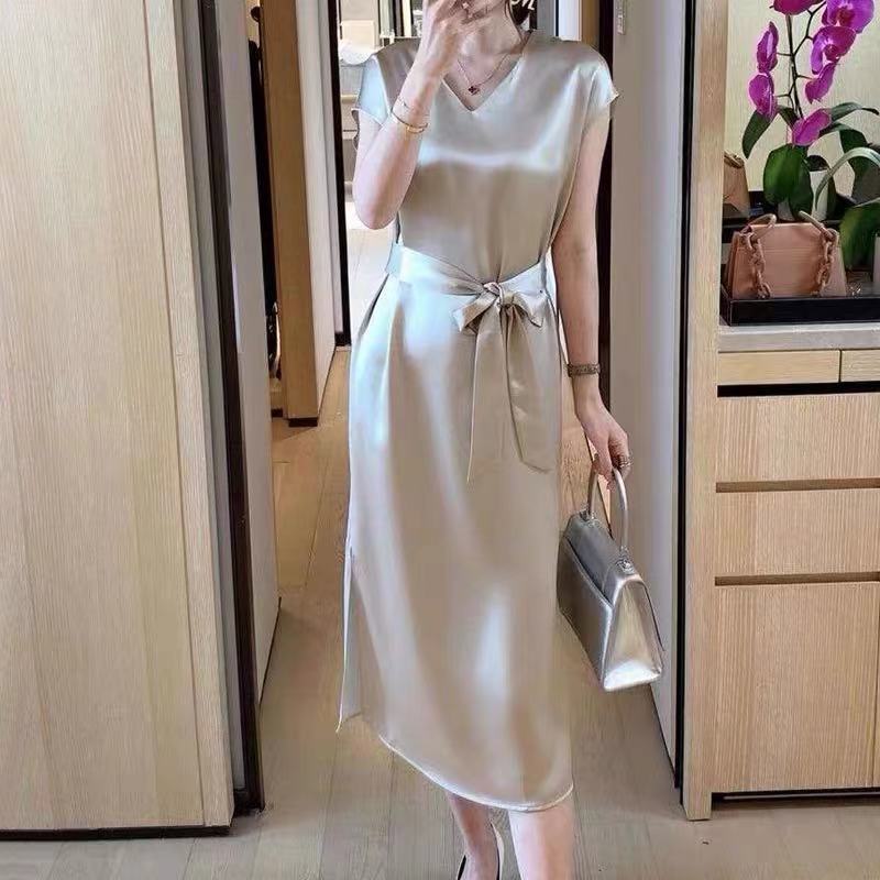 [Hangzhou Authentic] 2022 Summer New Mid-Length Dress Triacetate Tight Waist V-neck Short Sleeve Fashion Silk Dress