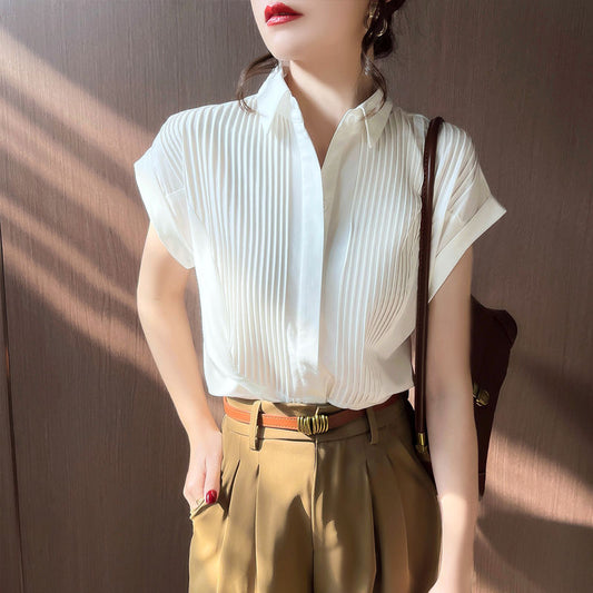 Short-Sleeved White Shirt Women's Summer Organ Pleated Loose Business Shirt Design Sense Niche Chiffon Drop-Shoulder Sleeve Top Fashion
