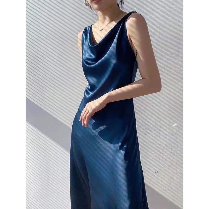 2022 New High-End Acetate Satin Dress Women's Summer Swing Collar Sling Lightly Mature Light Luxury Socialite Sleeveless Skirt
