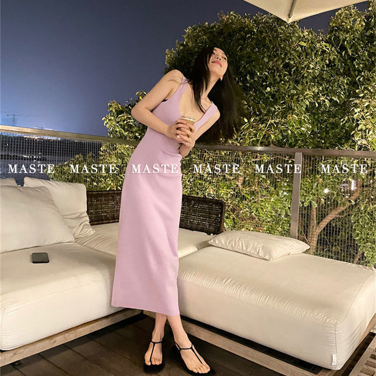 Meilai Aphasia Beads Craft Summer Versatile Solid Color Long Knitted Beauty Back Strap Dress for Women Hong Kong Style Summer Fashion
