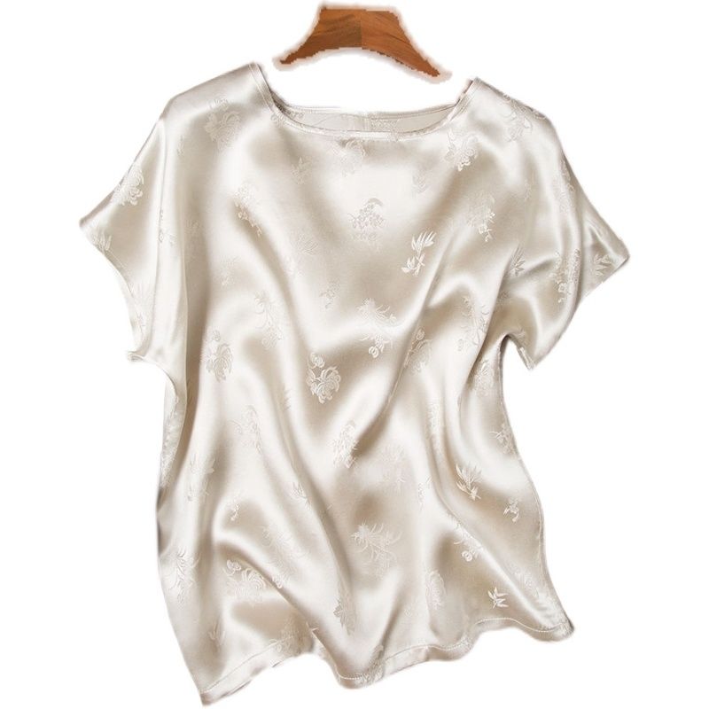 Clearance Leak-Picking Brand Brand Counter Withdraw Foreign Trade European Products Women's Clothes Jacquard Satin Short-Sleeved T-shirt round Neck Top