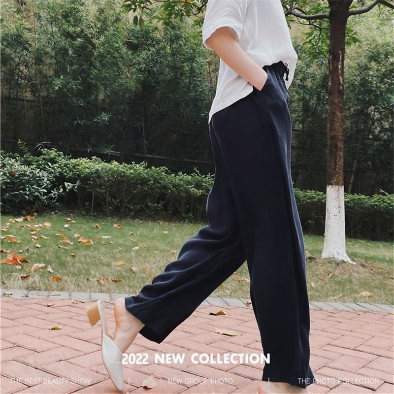 2023 Heavy Cuprammonuium Silk Wide Leg Pants Cropped Women's Pants Summer Loose High Waist Drooping Versatile Really Large Size Mulberry Silk