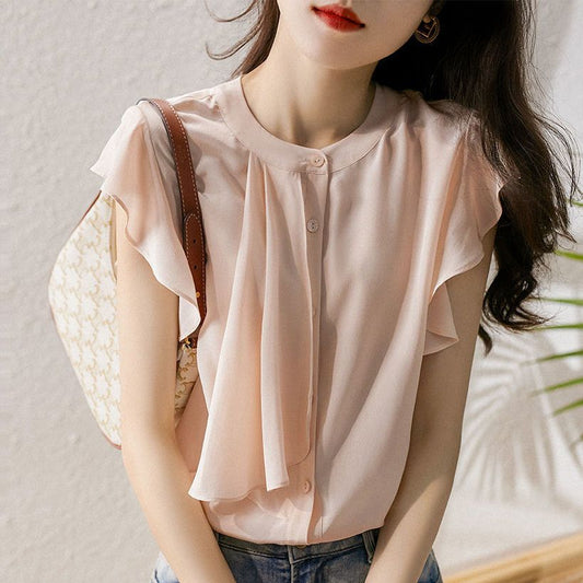 Women's Shirt Summer2023New Shirt Korean Style Pink Loose Western Style Chiffon Shirt Niche Design Top