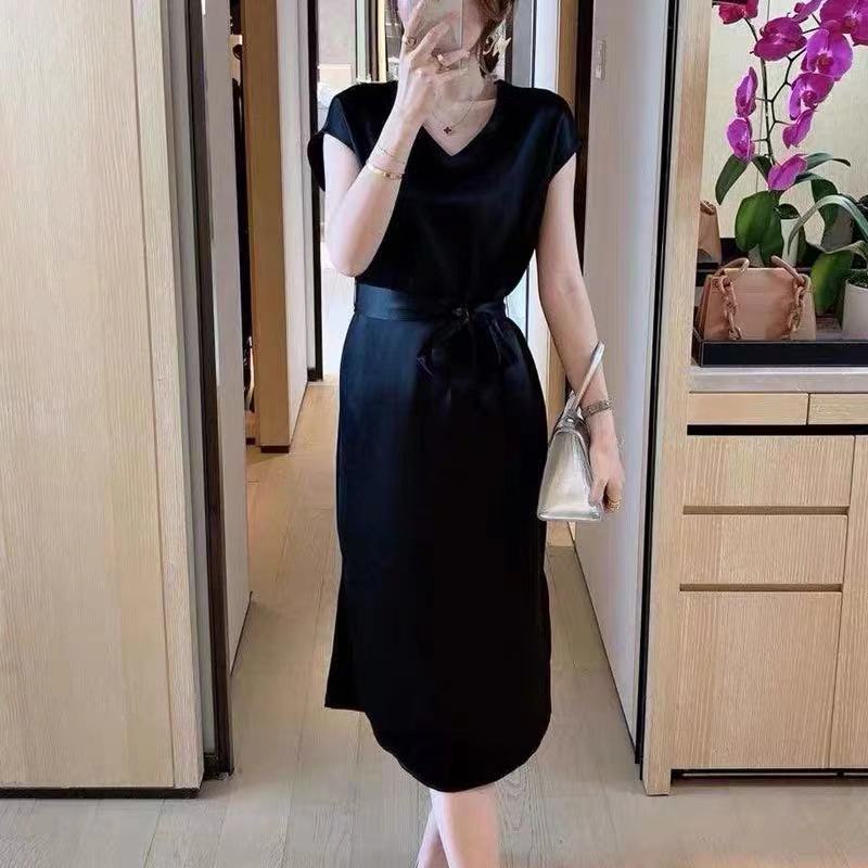 [Hangzhou Authentic] 2022 Summer New Mid-Length Dress Triacetate Tight Waist V-neck Short Sleeve Fashion Silk Dress