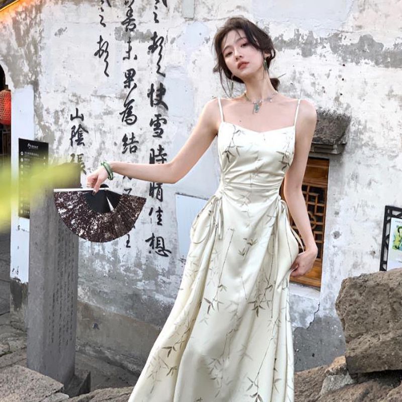 Tea Break French Strap Dress Female Summer Print New Chinese Design Princess on the Run Super Mori Waist-Slimming Long Dress