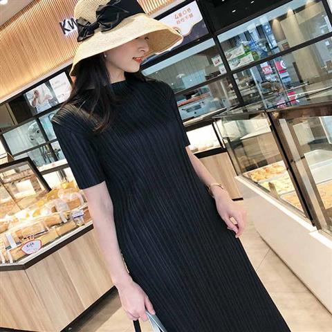 Sanzhai Pleated Dress Long Pp Series Pleated Small Stand Collar Straight Skirt 2024 Spring and Summer New Large Size