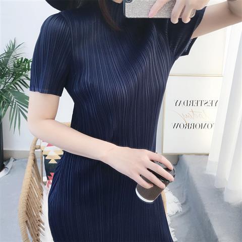 Sanzhai Pleated Dress Long Pp Series Pleated Small Stand Collar Straight Skirt 2024 Spring and Summer New Large Size