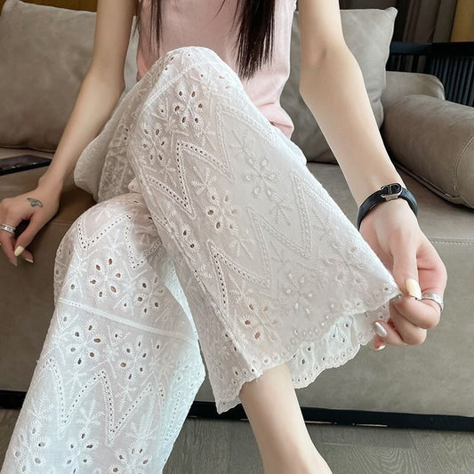 Large Size Women's Straight Wide-Leg Pants Women's Summer Thin Loose Slimming White Embroidered Hollow Casual Cool Pants