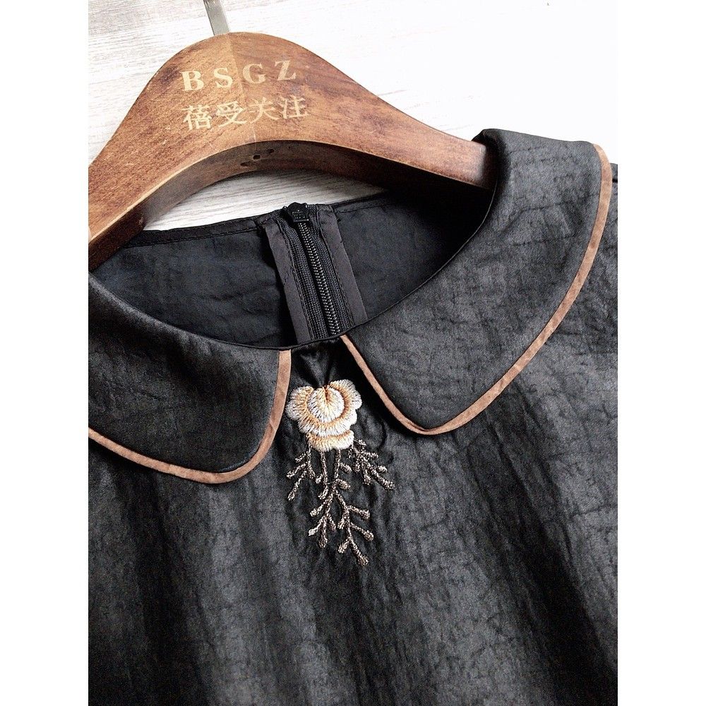 New Chinese Style Turtle Crack Silk Xiangyun Yarn Shirt 2022 Summer Doll Collar Age-Reducing Mulberry Silk Short-Sleeved Shirt for Women