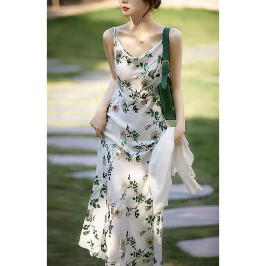 HuaappuWLady Temperamental Spaghetti Straps Sleeveless Floral Dress Women2024Spring New SlimmingALine skirt