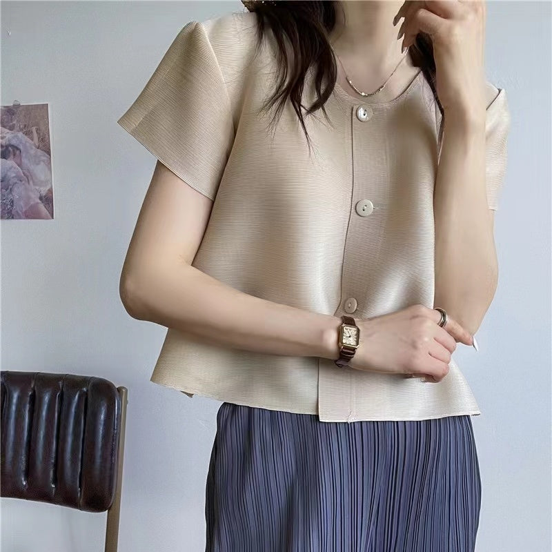Sanzhai Pleated 2023 Summer New Cropped Cardigan Thin Coat Small Ultra Short Pleated Short Sleeves Top