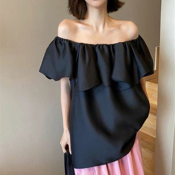 Summer Black Chiffon off-Shoulder Shirt Women's Design Sense Niche Unique Chic Flying Sleeves Top French Shirt