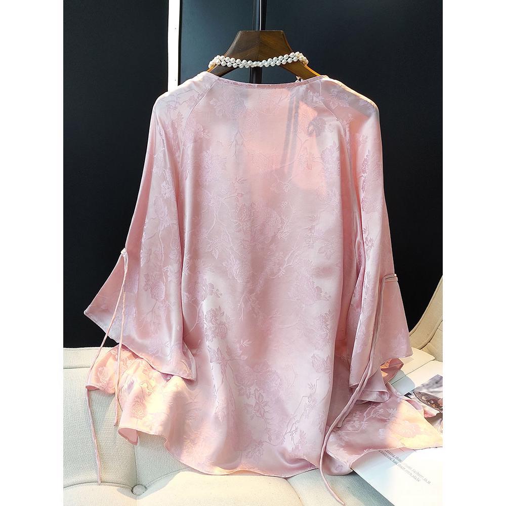 Pink Printed Artificial Mulberry Silk Top for Women 2023 Spring New Chinese Style round Neck Artificial Silk Shirt with Buckle