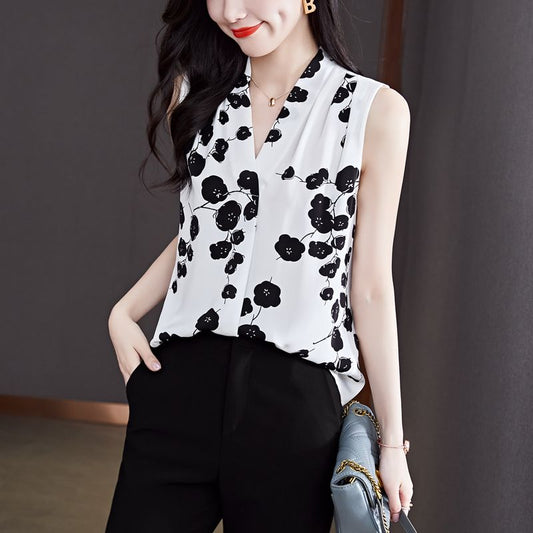 Spring and Summer New Thin Printed Chiffon Shirt Western Style Sleeveless Small Shirt Top Women's Bottoming Shirt Suit Inner Wear Temperament Fashion