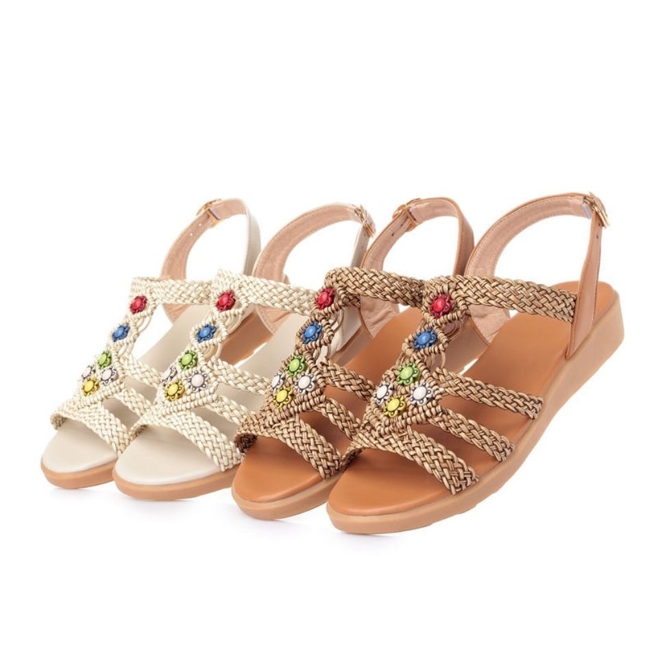 Summer Sandals Women's Hand-Woven Beads Beach Shoes Soft Soled Flats Tendon Bottom Large Size Mom Shoes Non-Slip Fashion