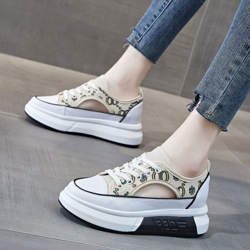 Women's Thick-Soled Canvas Shoes 2022 Summer New Hollow All-Match Casual Sneakers Platform Shoes Internet Celebrity Sports White Shoes Tide