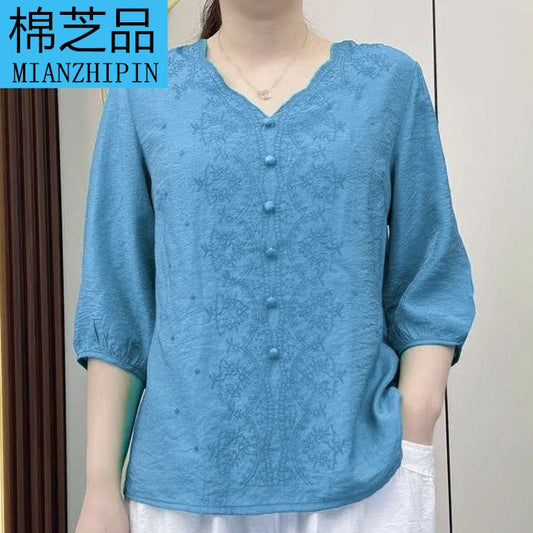 Tencel Cotton and Linen Women's T-shirt Short Sleeve Middle-Aged Mom Summer New Embroidered Loose Slimming Belly-Covering Top