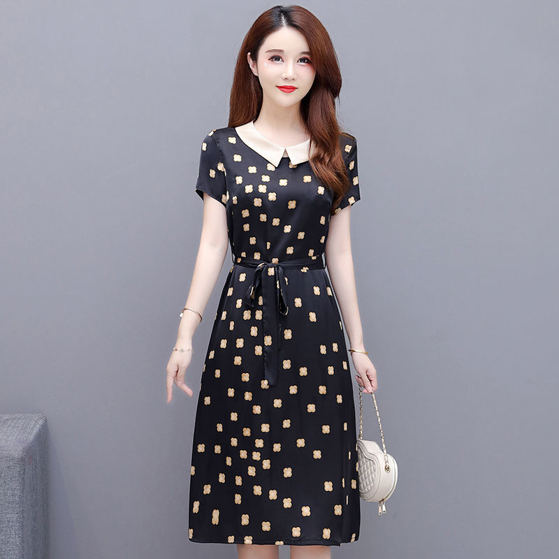 Waal Satin Young and Middle-Aged Mother Dress for Women 2022 New Summer Short Sleeve Belly Covering Slimming Floral Skirt Fashion