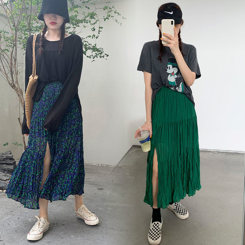 Chiffon Floral Skirt Women's Summer Thin 2023 New Split Pleated Skirt High Waist A- line Skirt Mid-Length