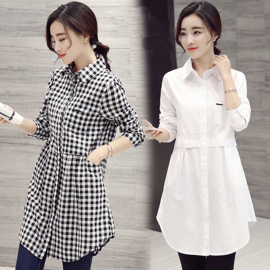 Artistic Mid-Length Shirt Women's Spring and Autumn New Loose Fashion Korean Style Bottoming Plaid Long Sleeve Large Size White Shirt