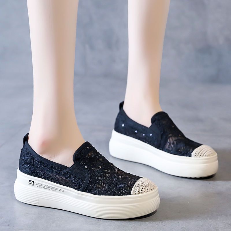 Fisherman Shoes for Women Classic Style 2023 Spring New Versatile Platform Shoes Lace Mesh Slip-on Lofter Loafers