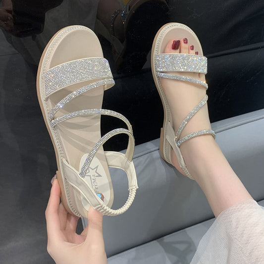 Fairy Style Rhinestone Roman Sandals Women's 2022 New Preppy Style Oxford Soft Bottom Breathable Gentle High-End Sandals