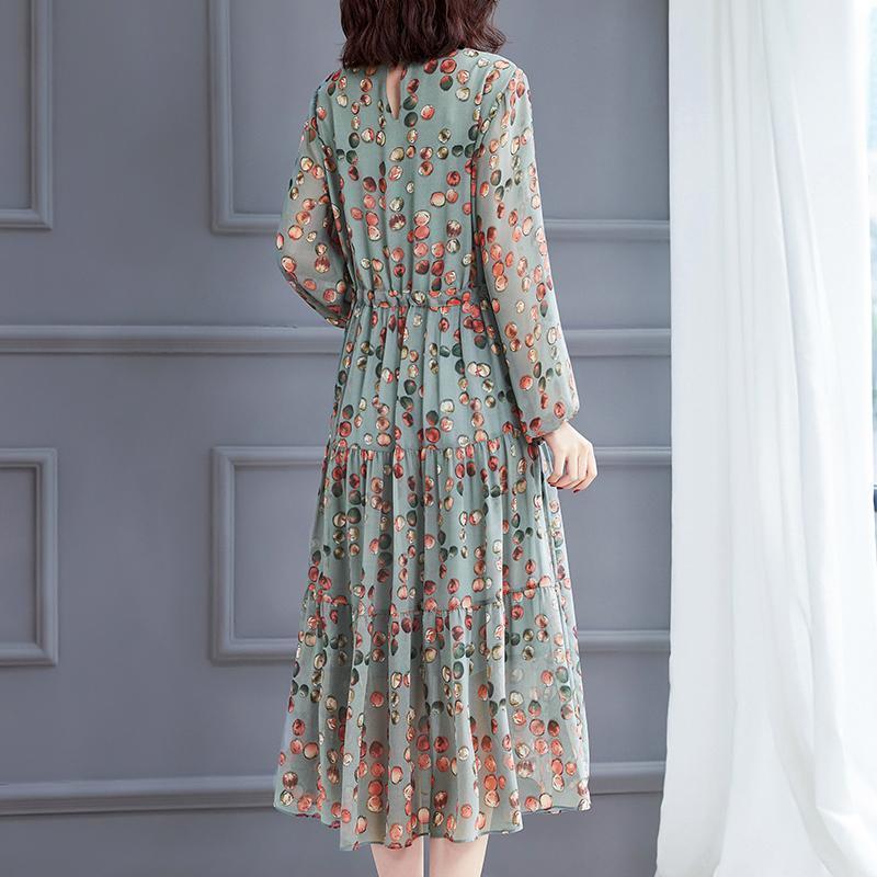 Chiffon Dress for Women Spring 2023 New Long Sleeve Tight Waist Slimming Retro Elegant Polka Dot Printed Large Swing Skirt