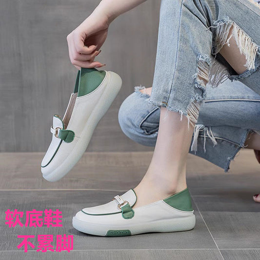 Authentic Leather Loafers Women's Slip-on Soft Bottom Oxford Shoes 2023 Spring and Summer New Casual Two-Way Pregnant Women's White Shoes