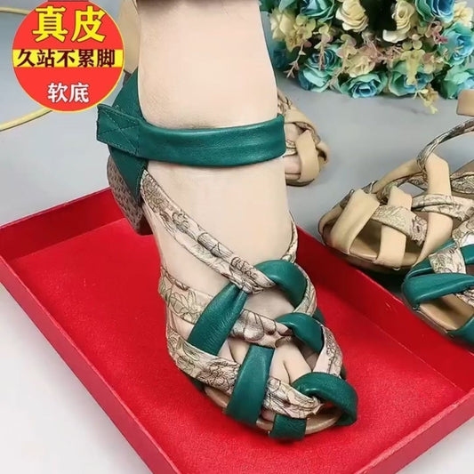 Chunky Heel Sandals Women's Real Soft Leather Summer New Ethnic Style Casual Retro Temperament Dancing Mid Heel Woven Women's Shoes
