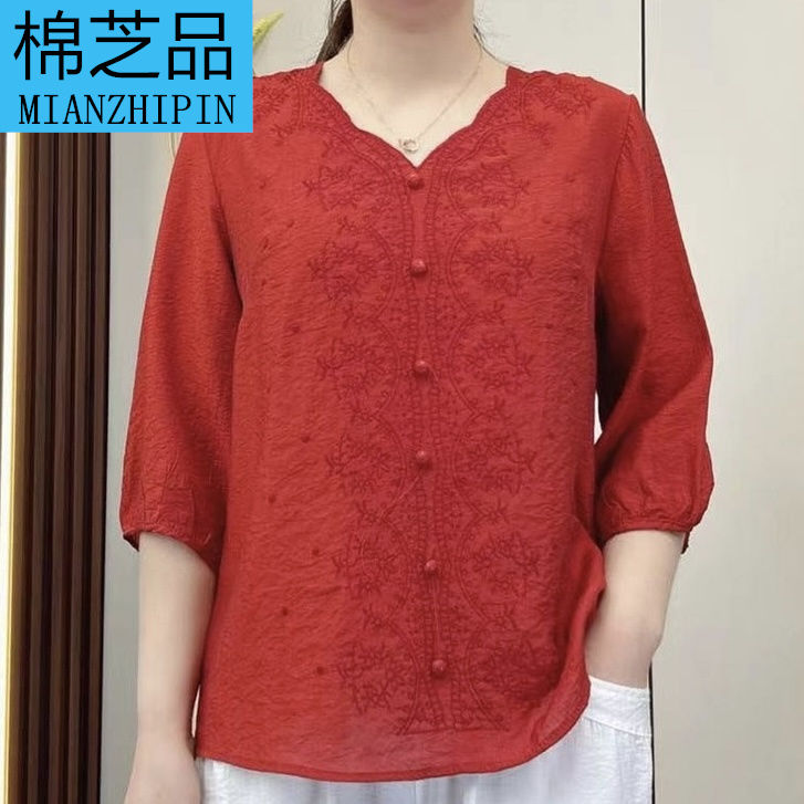 Tencel Cotton and Linen Women's T-shirt Short Sleeve Middle-Aged Mom Summer New Embroidered Loose Slimming Belly-Covering Top