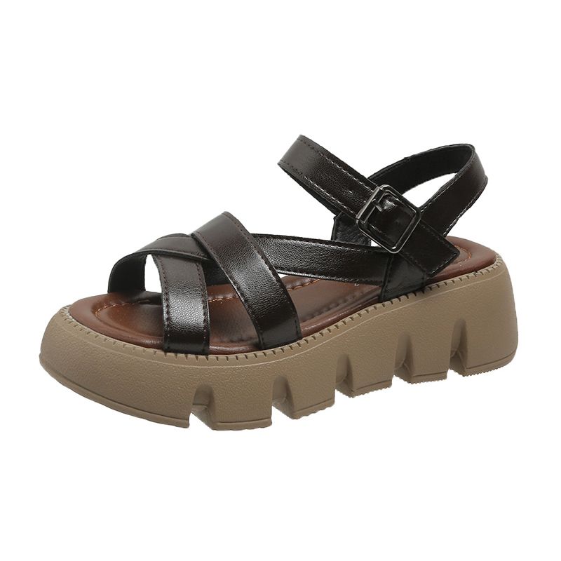 Genuine Leather Wedge Platform Summer Women's Sandals 2024 New Fashion Platform Buckle Casual Roman Shoes