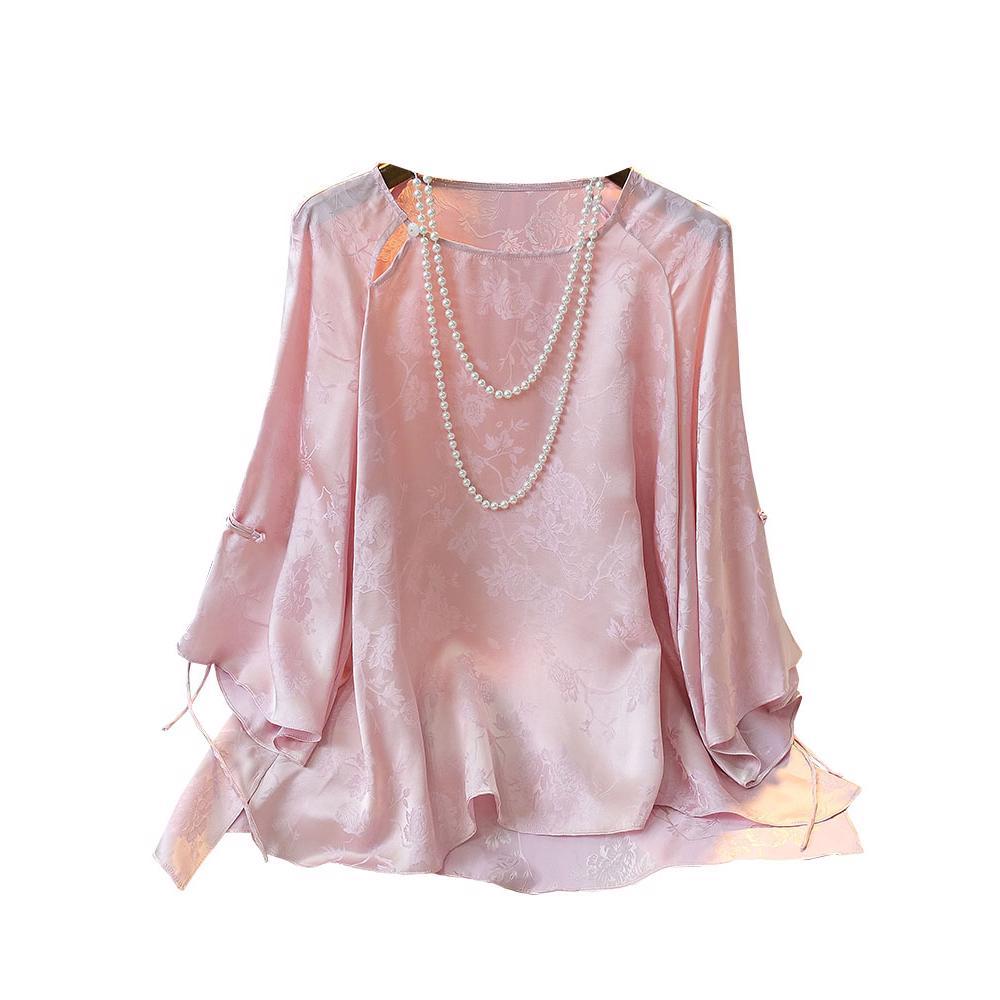 Pink Printing Imitation Mulberry Silk Top Female 2023 Spring New Chinese Style Buckle round Neck Faux Silk Shirt