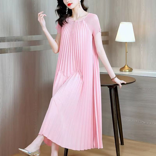 Pink Dress Women's Large Size Loose Pleated Skirt Short Sleeve Sanzhai Draped Dress Line Large Size Plump Girls Slimming Youthful-Looking